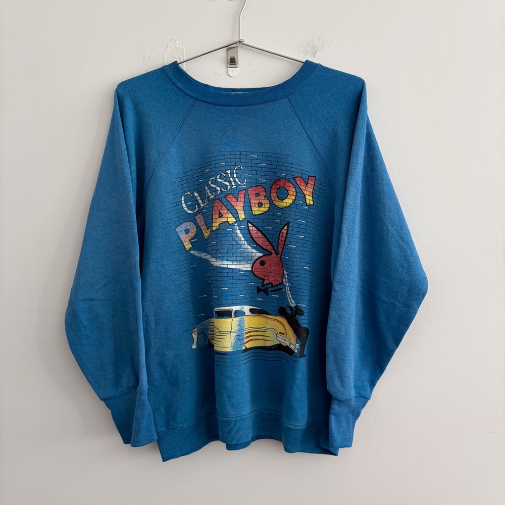 Vintage 80s Playboy Classic Raglan Sweatshirt Blue Graphic Car Mens XL